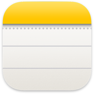 Apple Notes app icon featuring a yellow and white notepad design. Apple Notes allows users to create, organize, and securely store notes, checklists, and ideas across all Apple devices.